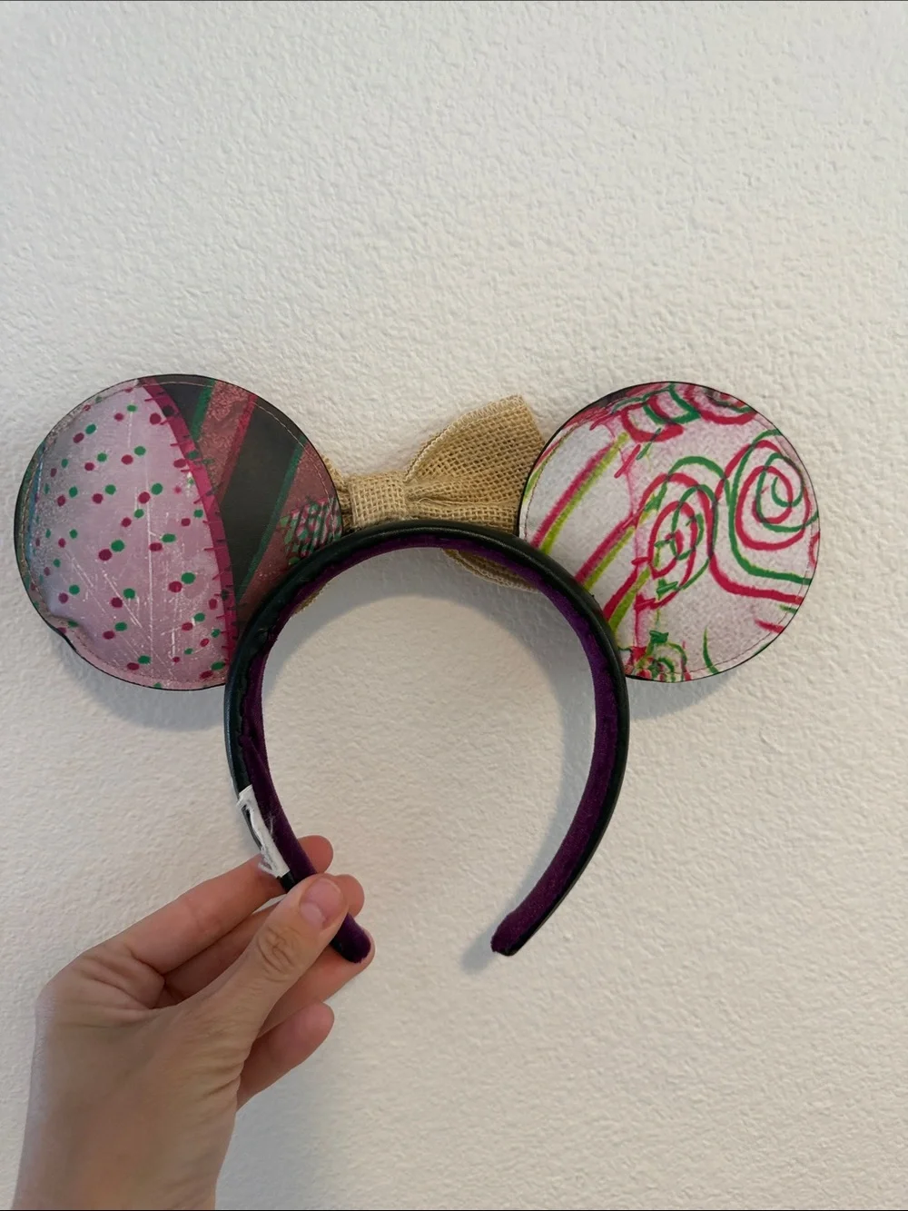 Sally Patchwork Printed Mouse Ear Headband with Burlap Bow